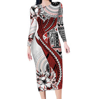 Bula Fiji Family Matching Long Sleeve Bodycon Dress and Hawaiian Shirt Shark Tail White Masi Tapa LT7 Mom's Dress White - Polynesian Pride