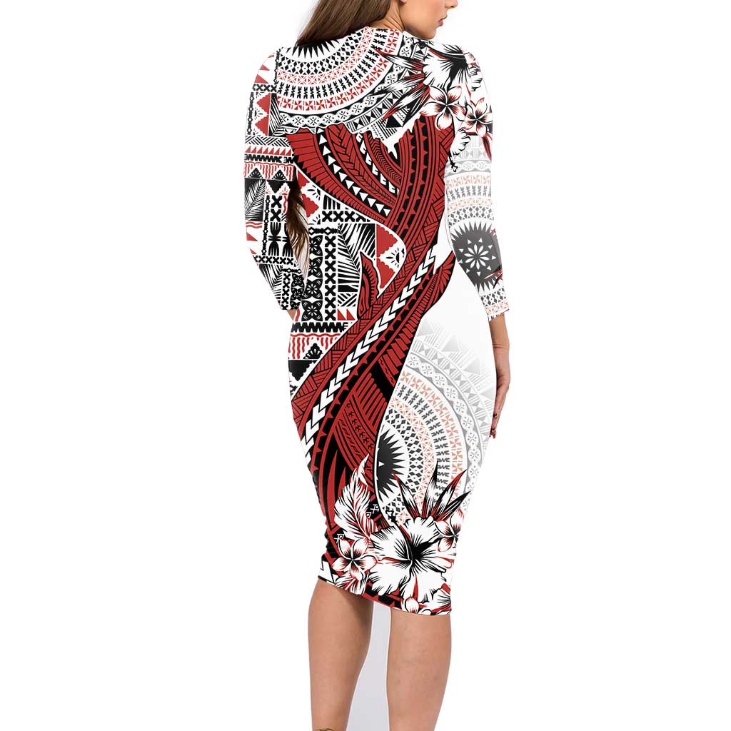 Bula Fiji Family Matching Long Sleeve Bodycon Dress and Hawaiian Shirt Shark Tail White Masi Tapa LT7 - Polynesian Pride
