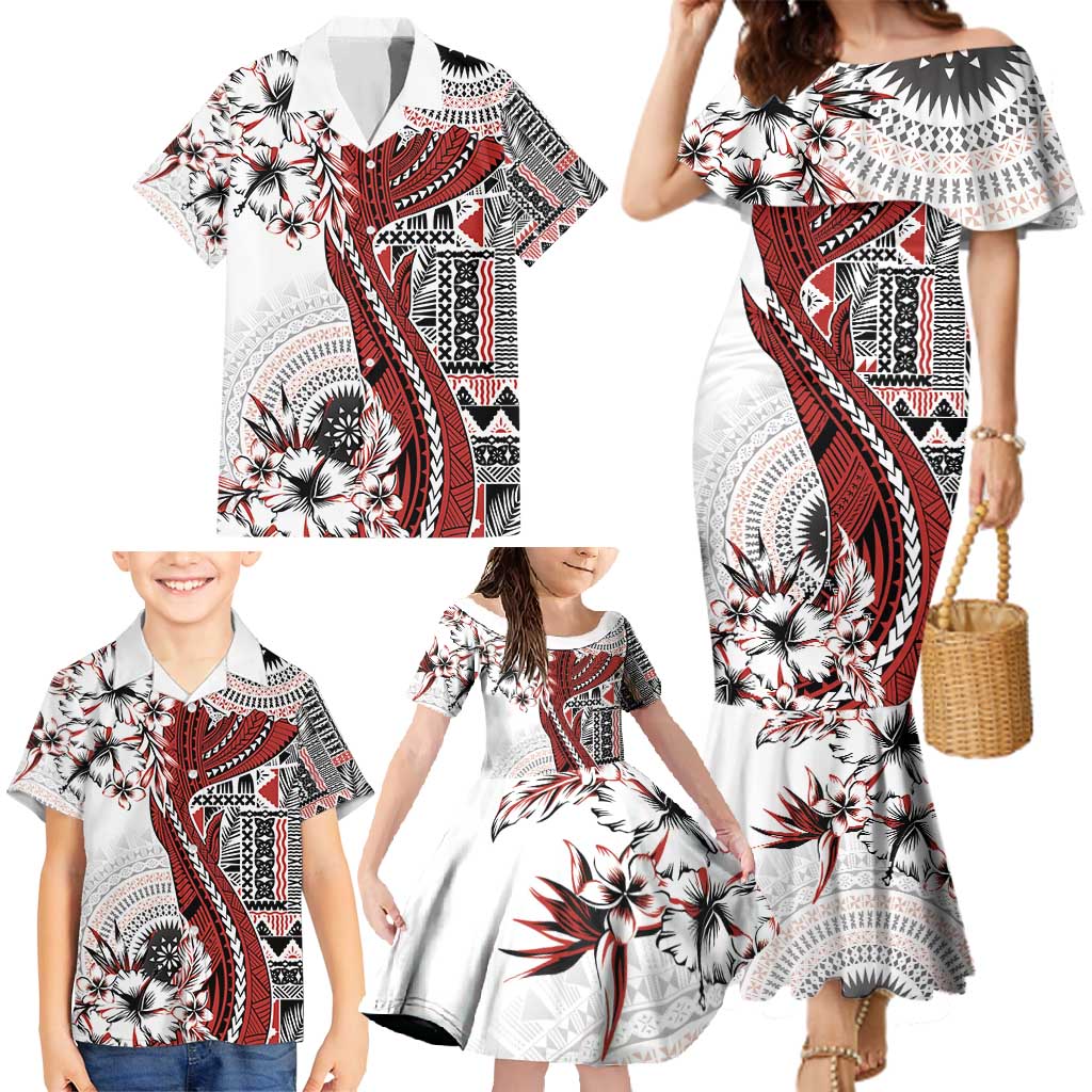 Bula Fiji Family Matching Mermaid Dress and Hawaiian Shirt Shark Tail White Masi Tapa LT7 - Polynesian Pride