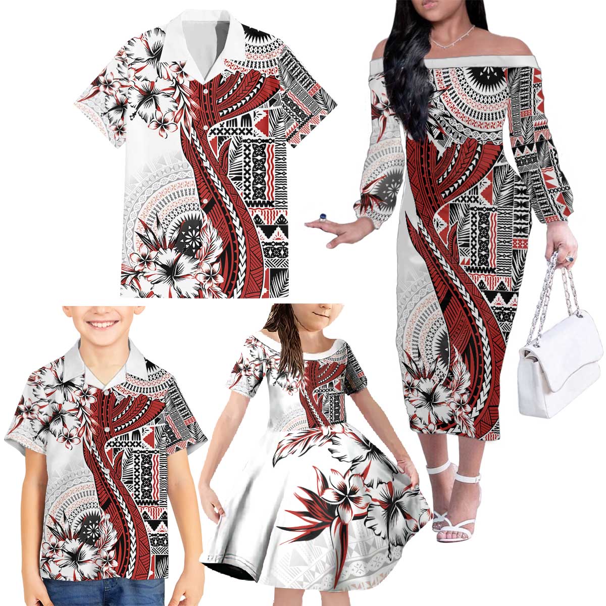 Bula Fiji Family Matching Off The Shoulder Long Sleeve Dress and Hawaiian Shirt Shark Tail White Masi Tapa LT7 - Polynesian Pride
