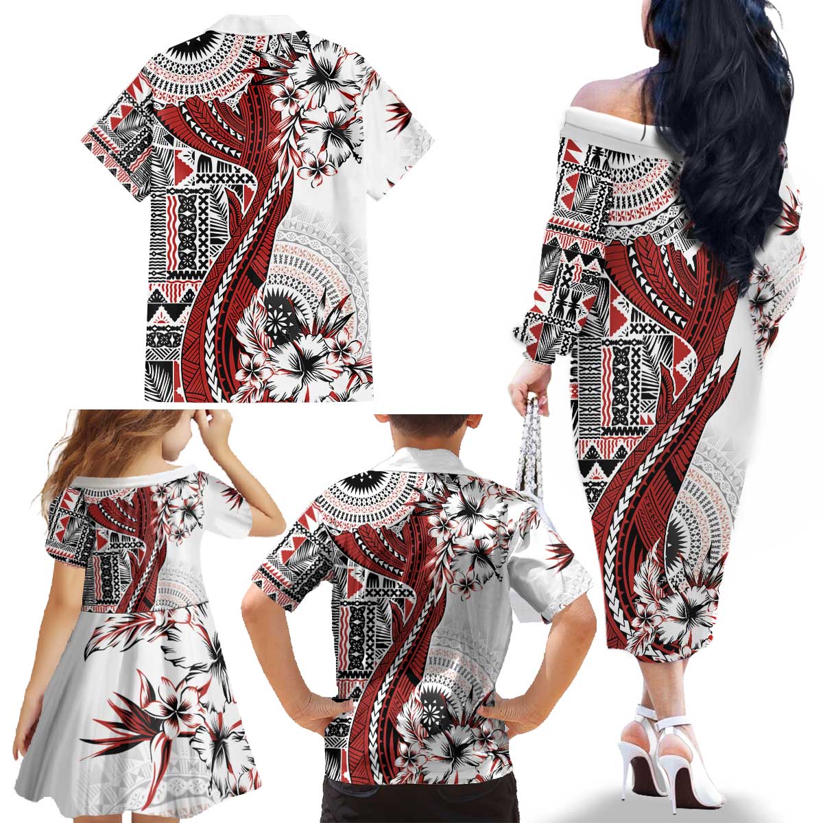 Bula Fiji Family Matching Off The Shoulder Long Sleeve Dress and Hawaiian Shirt Shark Tail White Masi Tapa LT7 - Polynesian Pride