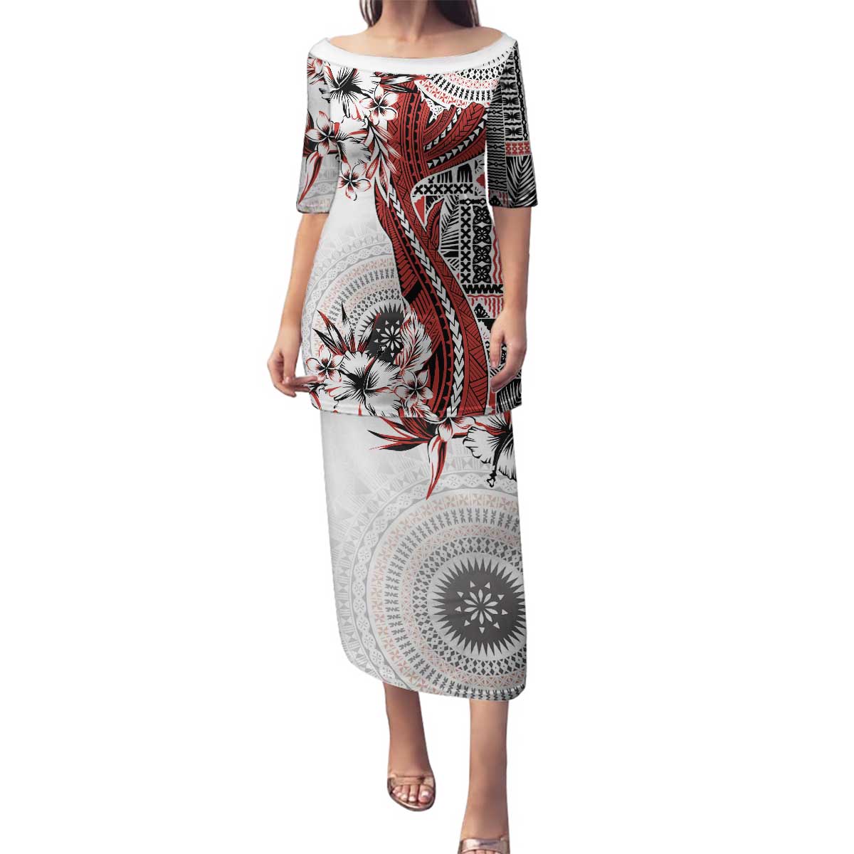 Bula Fiji Family Matching Puletasi and Hawaiian Shirt Shark Tail White Masi Tapa