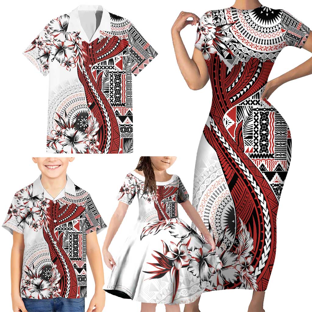 Bula Fiji Family Matching Short Sleeve Bodycon Dress and Hawaiian Shirt Shark Tail White Masi Tapa LT7 - Polynesian Pride