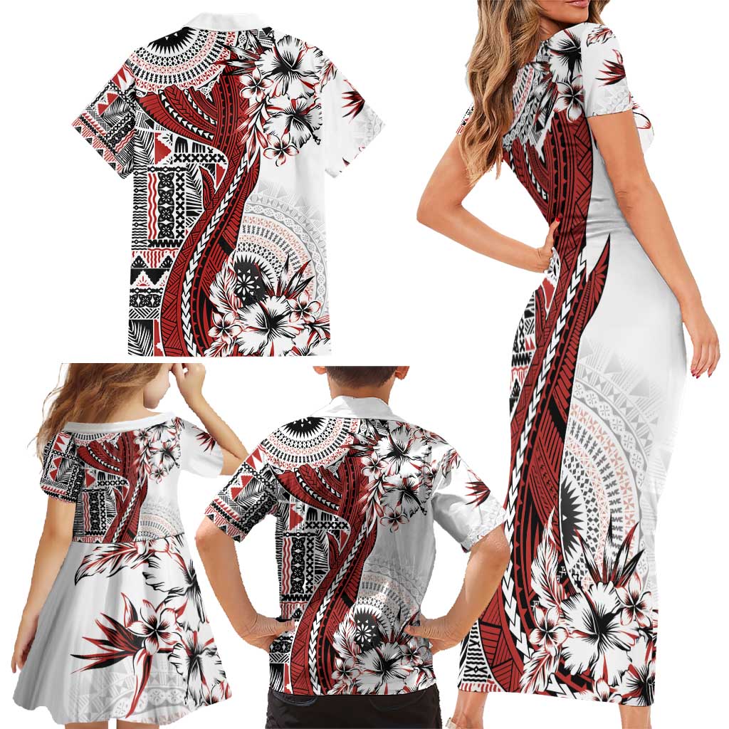 Bula Fiji Family Matching Short Sleeve Bodycon Dress and Hawaiian Shirt Shark Tail White Masi Tapa LT7 - Polynesian Pride