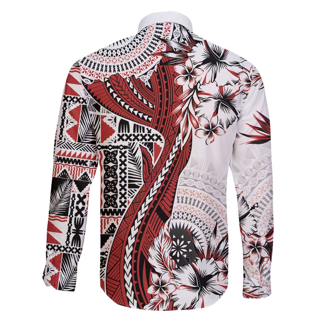 Bula Fiji Family Matching Short Sleeve Bodycon Dress and Hawaiian Shirt Shark Tail White Masi Tapa LT7 - Polynesian Pride