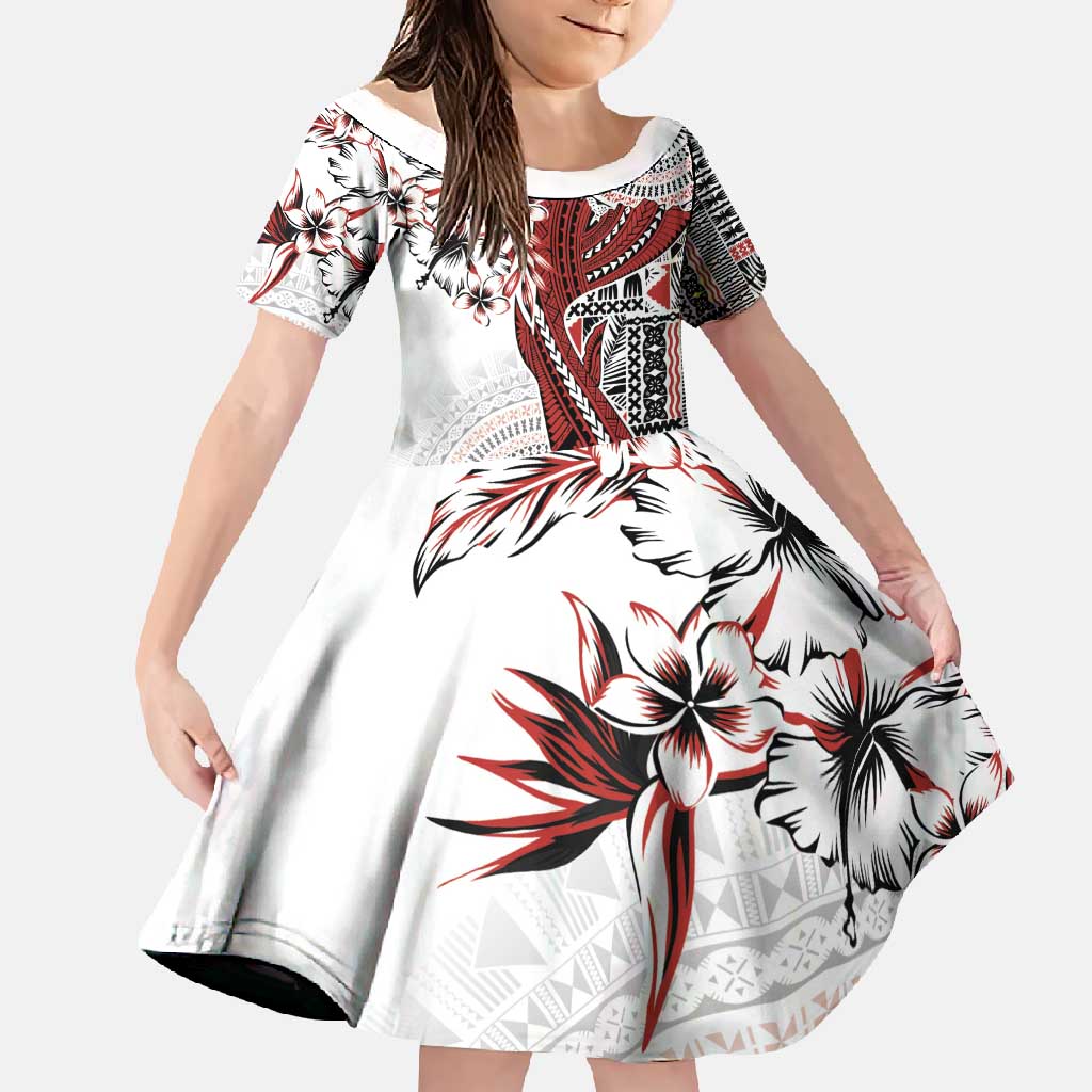 Bula Fiji Family Matching Tank Maxi Dress and Hawaiian Shirt Shark Tail White Masi Tapa LT7 Daughter's Dress White - Polynesian Pride