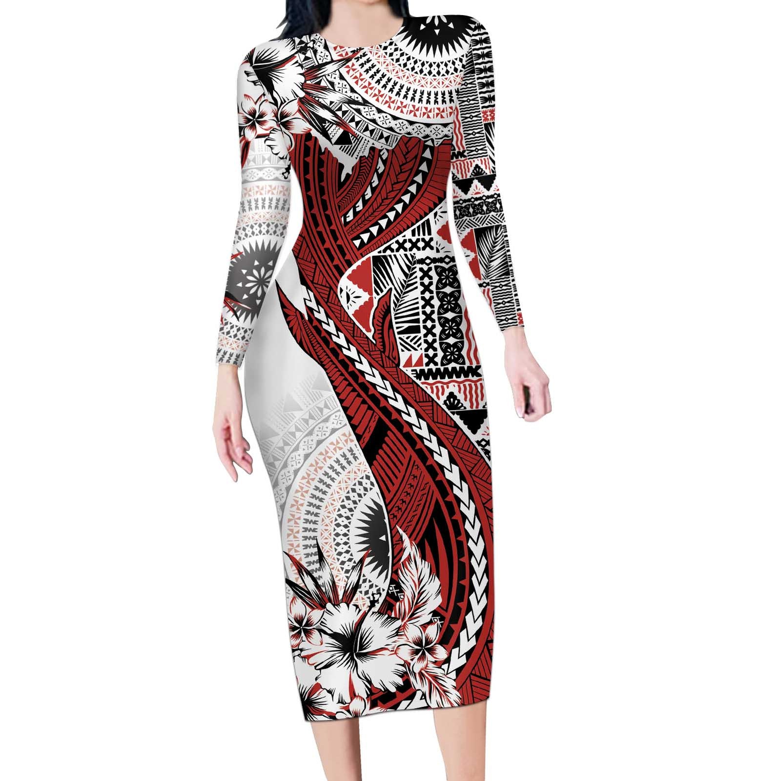 Bula Fiji Long Sleeve Bodycon Dress Shark Tail White Masi Tapa