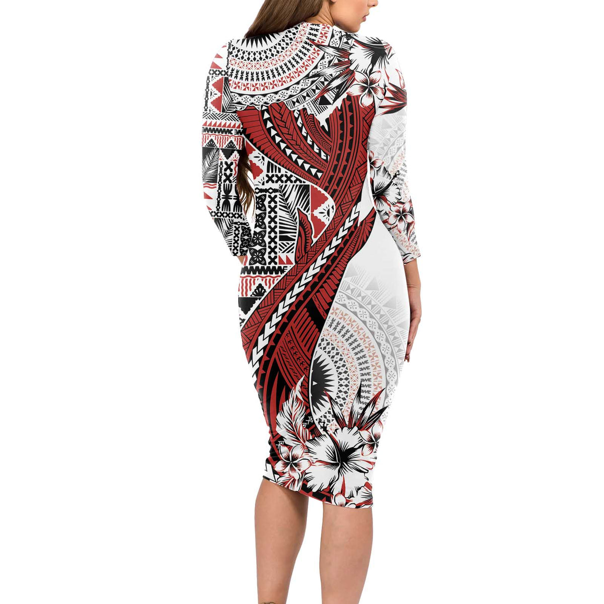 Bula Fiji Long Sleeve Bodycon Dress Shark Tail White Masi Tapa