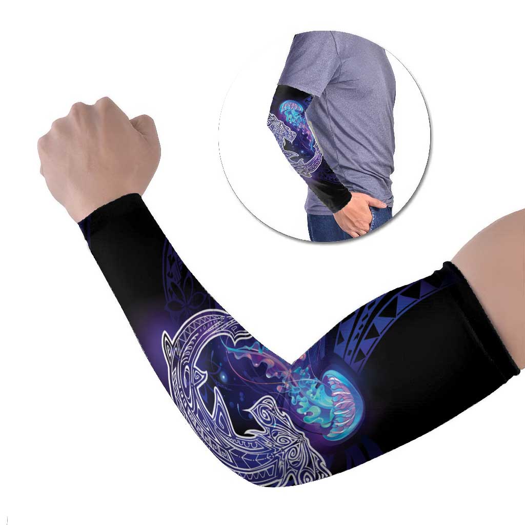 Polynesian Aumakua Arm Sleeves Jellyfish with Shark LT7 Set of 2 Teal Purple - Polynesian Pride