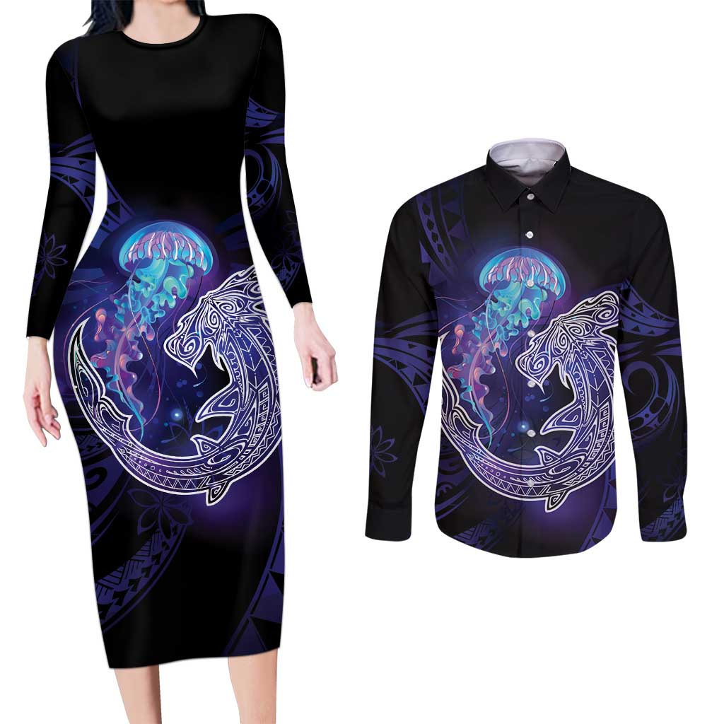 Polynesian Aumakua Couples Matching Long Sleeve Bodycon Dress and Long Sleeve Button Shirt Jellyfish with Shark LT7 Teal Purple - Polynesian Pride