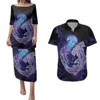 Polynesian Aumakua Couples Matching Puletasi and Hawaiian Shirt Jellyfish with Shark - Polynesian Pride