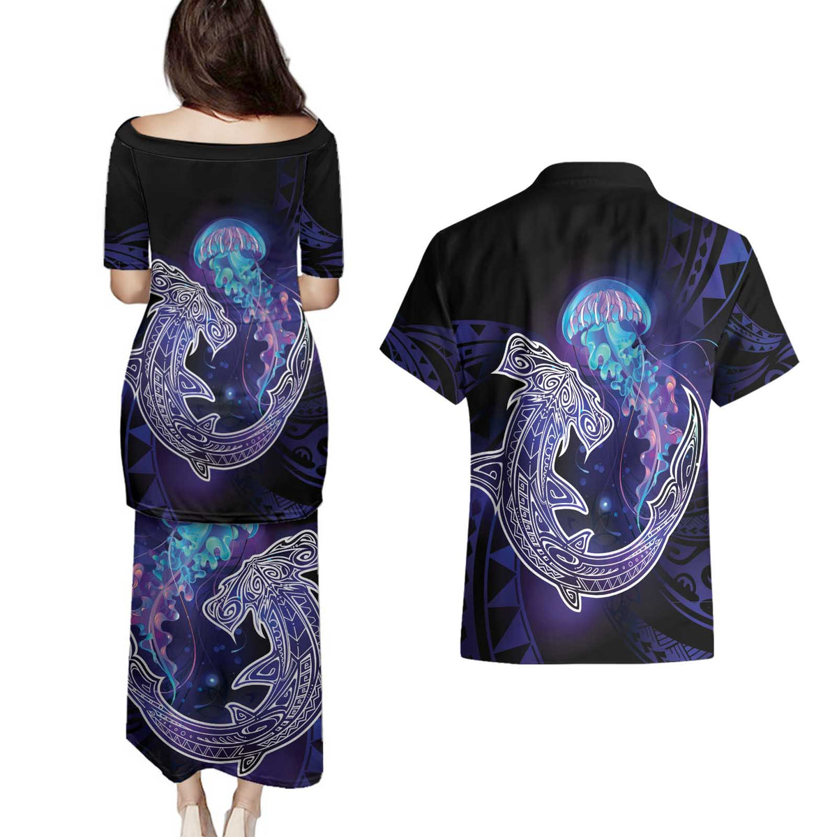 Polynesian Aumakua Couples Matching Puletasi and Hawaiian Shirt Jellyfish with Shark - Polynesian Pride
