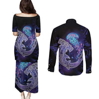 Polynesian Aumakua Couples Matching Puletasi and Long Sleeve Button Shirt Jellyfish with Shark - Polynesian Pride