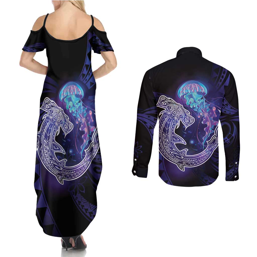 Polynesian Aumakua Couples Matching Summer Maxi Dress and Long Sleeve Button Shirt Jellyfish with Shark - Polynesian Pride