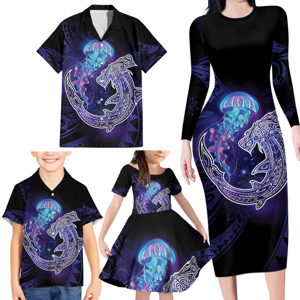 Polynesian Aumakua Family Matching Long Sleeve Bodycon Dress and Hawaiian Shirt Jellyfish with Shark LT7 - Polynesian Pride