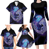 Polynesian Aumakua Family Matching Long Sleeve Bodycon Dress and Hawaiian Shirt Jellyfish with Shark LT7 - Polynesian Pride