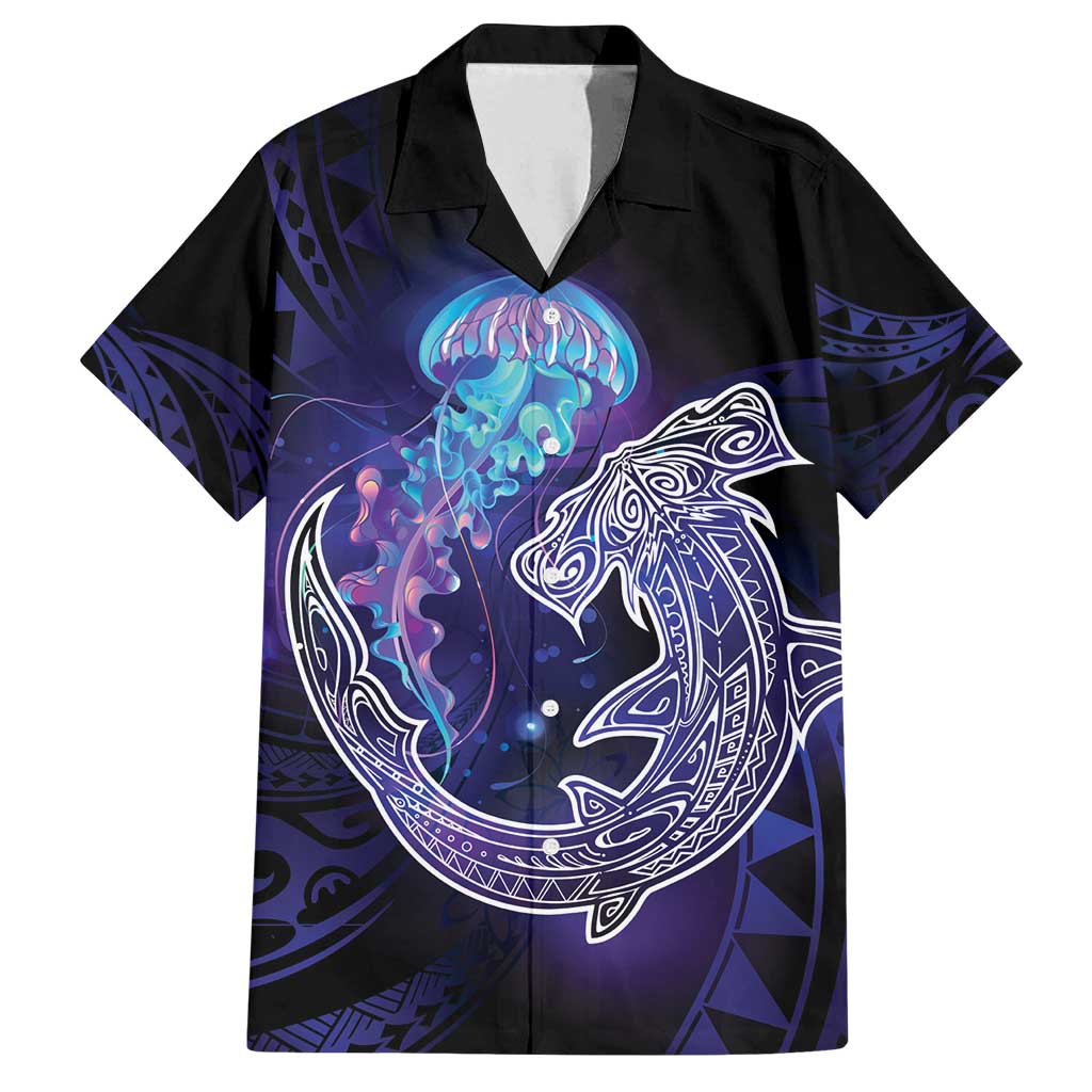 Polynesian Aumakua Family Matching Long Sleeve Bodycon Dress and Hawaiian Shirt Jellyfish with Shark LT7 Dad's Shirt - Short Sleeve Teal Purple - Polynesian Pride