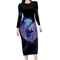 Polynesian Aumakua Family Matching Long Sleeve Bodycon Dress and Hawaiian Shirt Jellyfish with Shark LT7 Mom's Dress Teal Purple - Polynesian Pride