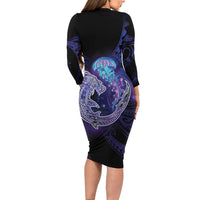 Polynesian Aumakua Family Matching Long Sleeve Bodycon Dress and Hawaiian Shirt Jellyfish with Shark LT7 - Polynesian Pride