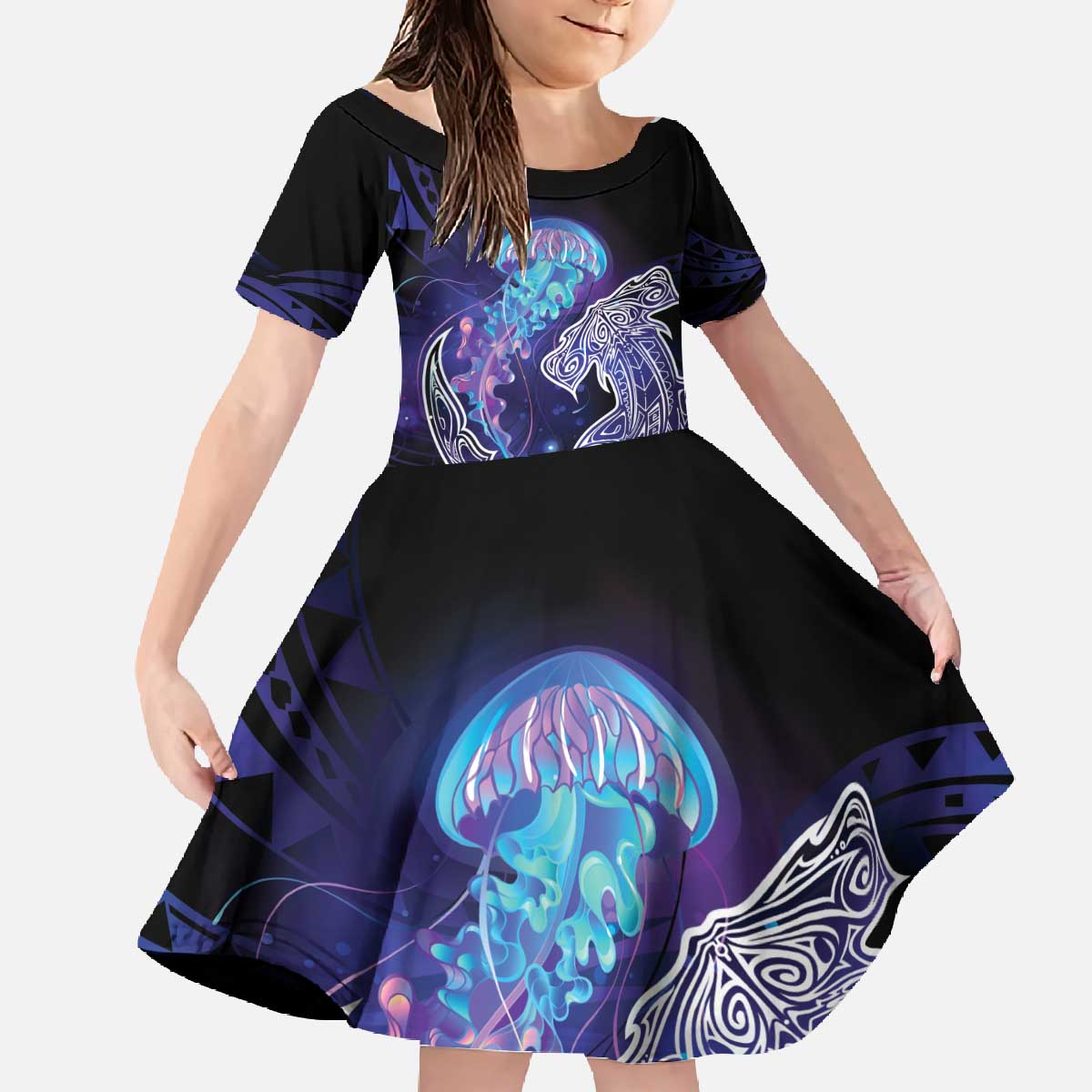 Polynesian Aumakua Family Matching Off The Shoulder Long Sleeve Dress and Hawaiian Shirt Jellyfish with Shark LT7 Daughter's Dress Teal Purple - Polynesian Pride