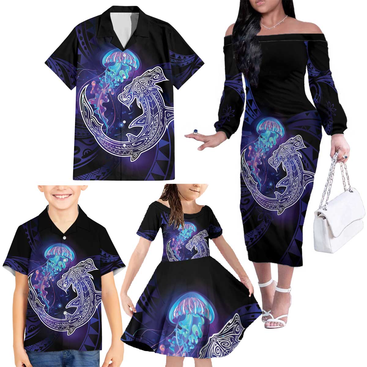 Polynesian Aumakua Family Matching Off The Shoulder Long Sleeve Dress and Hawaiian Shirt Jellyfish with Shark LT7 - Polynesian Pride