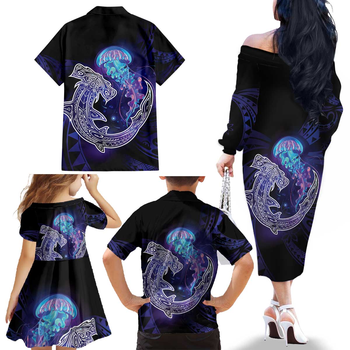 Polynesian Aumakua Family Matching Off The Shoulder Long Sleeve Dress and Hawaiian Shirt Jellyfish with Shark LT7 - Polynesian Pride