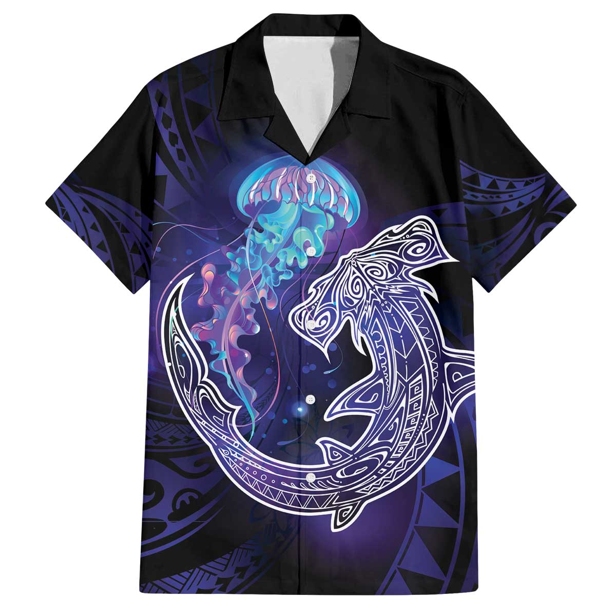 Polynesian Aumakua Family Matching Off The Shoulder Long Sleeve Dress and Hawaiian Shirt Jellyfish with Shark LT7 Dad's Shirt - Short Sleeve Teal Purple - Polynesian Pride