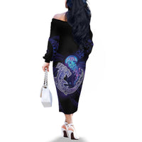 Polynesian Aumakua Family Matching Off The Shoulder Long Sleeve Dress and Hawaiian Shirt Jellyfish with Shark LT7 - Polynesian Pride