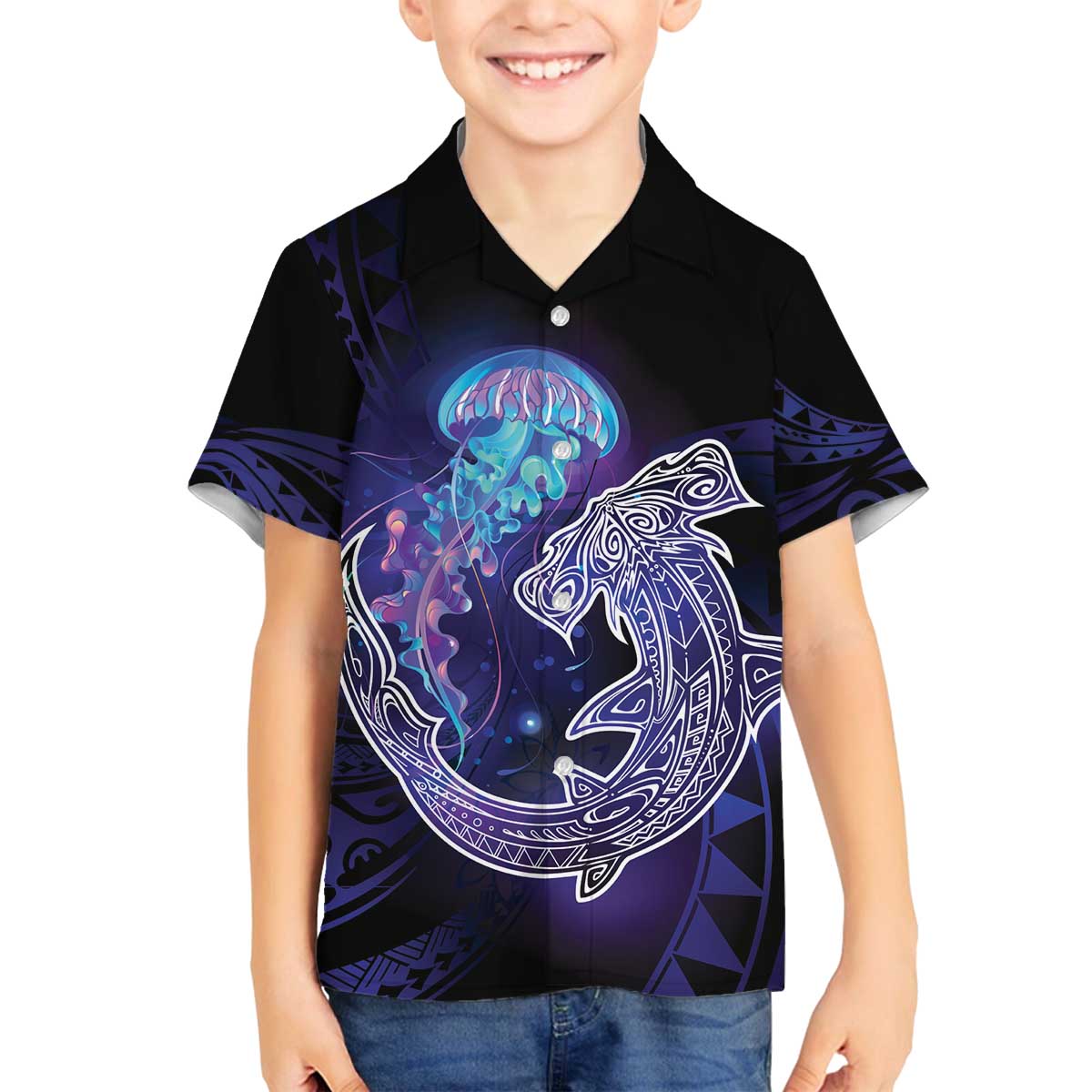 Polynesian Aumakua Family Matching Off The Shoulder Long Sleeve Dress and Hawaiian Shirt Jellyfish with Shark LT7 Son's Shirt Teal Purple - Polynesian Pride