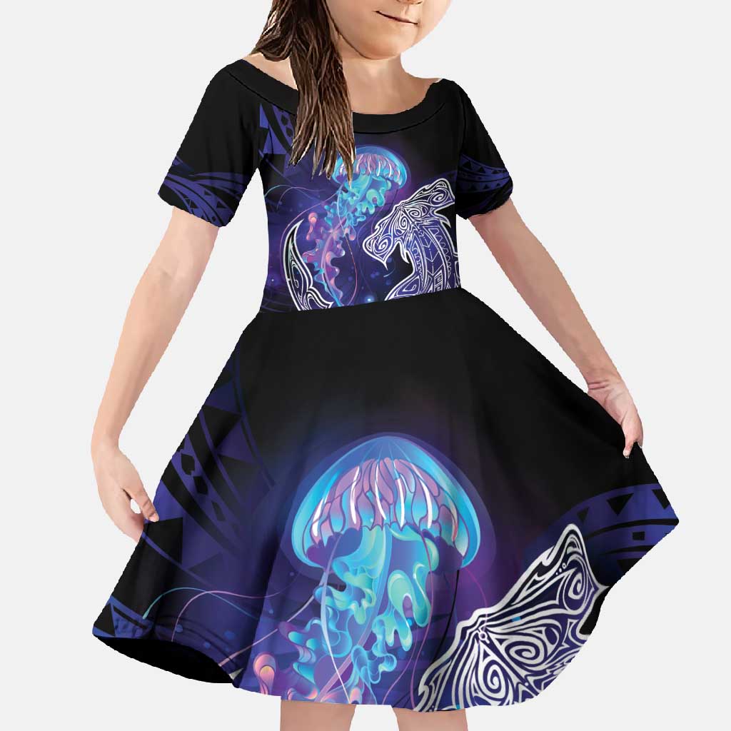Polynesian Aumakua Family Matching Off Shoulder Maxi Dress and Hawaiian Shirt Jellyfish with Shark - Polynesian Pride