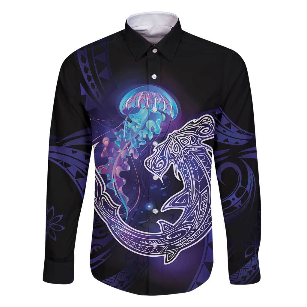 Polynesian Aumakua Family Matching Off Shoulder Maxi Dress and Hawaiian Shirt Jellyfish with Shark - Polynesian Pride