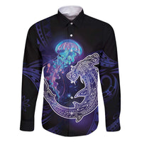 Polynesian Aumakua Family Matching Off Shoulder Short Dress and Hawaiian Shirt Jellyfish with Shark LT7 Dad's Shirt - Long Sleeve Teal Purple - Polynesian Pride