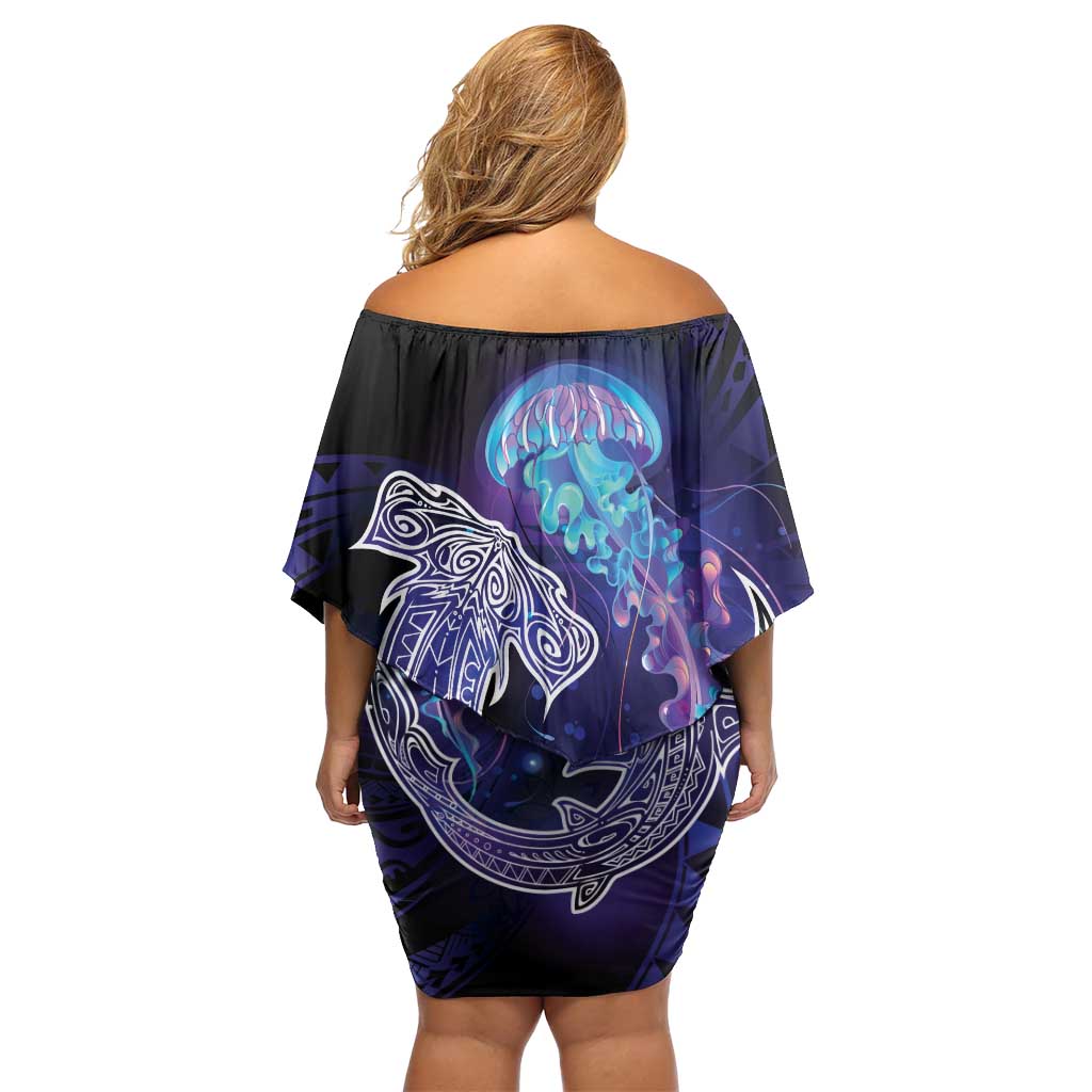 Polynesian Aumakua Family Matching Off Shoulder Short Dress and Hawaiian Shirt Jellyfish with Shark LT7 - Polynesian Pride