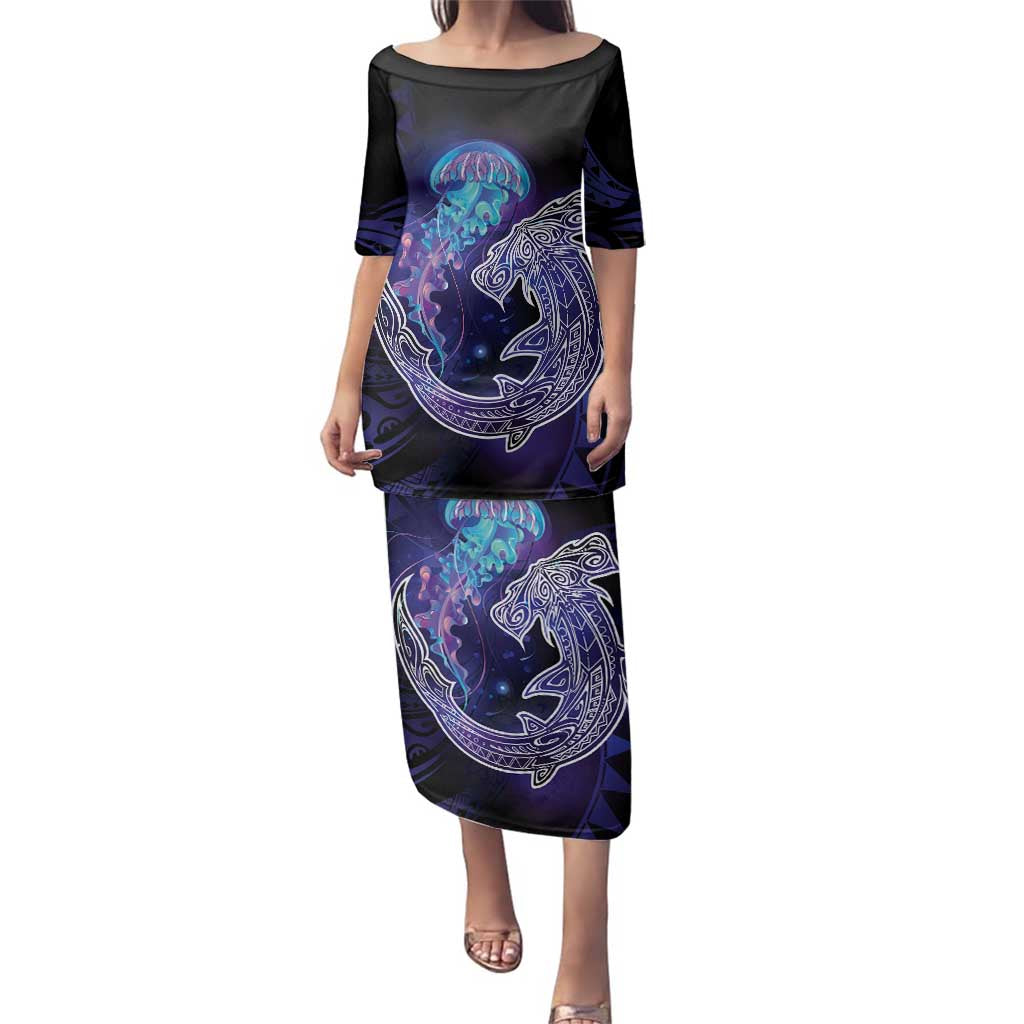 Polynesian Aumakua Family Matching Puletasi and Hawaiian Shirt Jellyfish with Shark - Polynesian Pride