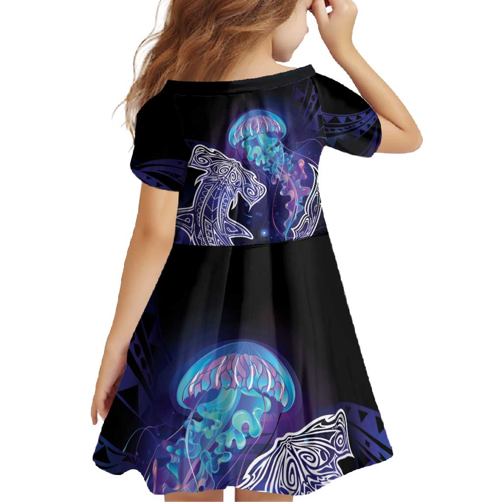 Polynesian Aumakua Family Matching Short Sleeve Bodycon Dress and Hawaiian Shirt Jellyfish with Shark LT7 - Polynesian Pride