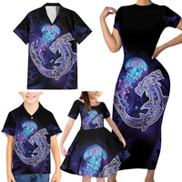 Polynesian Aumakua Family Matching Short Sleeve Bodycon Dress and Hawaiian Shirt Jellyfish with Shark LT7 - Polynesian Pride