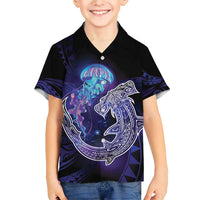 Polynesian Aumakua Family Matching Short Sleeve Bodycon Dress and Hawaiian Shirt Jellyfish with Shark LT7 Son's Shirt Teal Purple - Polynesian Pride