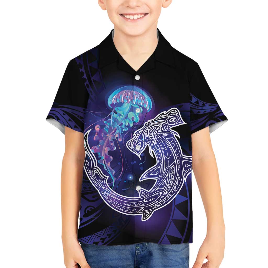 Polynesian Aumakua Family Matching Summer Maxi Dress and Hawaiian Shirt Jellyfish with Shark - Polynesian Pride