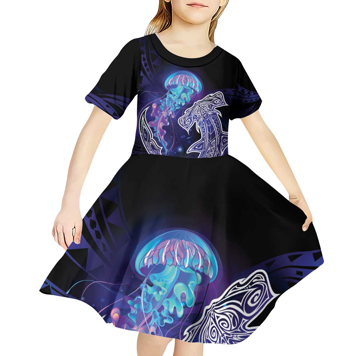 Polynesian Aumakua Kid Short Sleeve Dress Jellyfish with Shark LT7 - Polynesian Pride