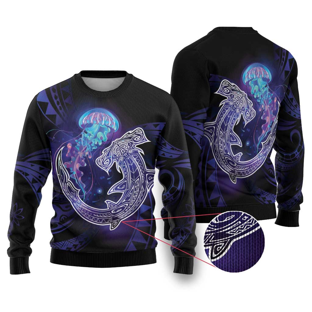 Polynesian Aumakua Ugly Christmas Sweater Jellyfish with Shark - Polynesian Pride