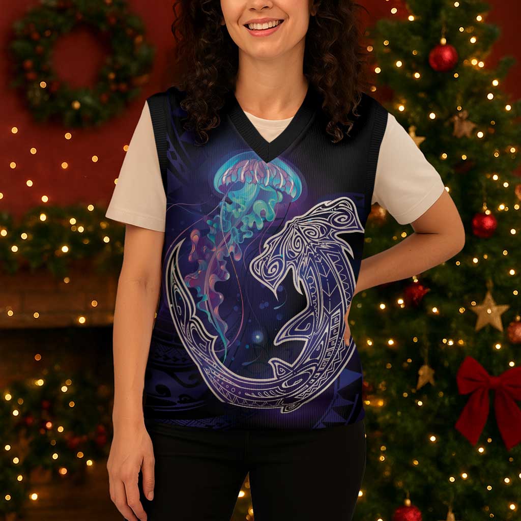 Polynesian Aumakua Christmas Knitted V-Neck Vest Jellyfish with Shark LT7 - Polynesian Pride