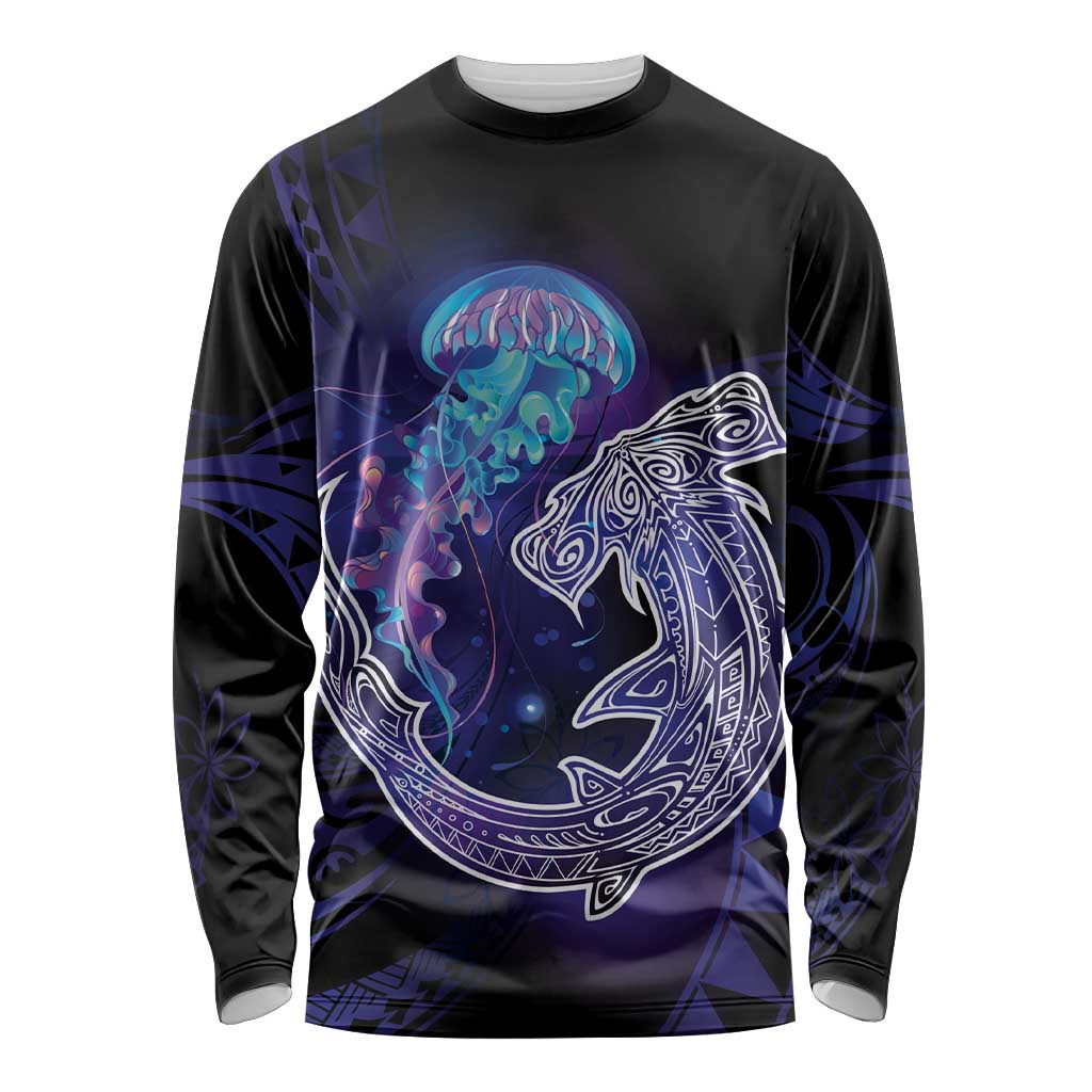 Polynesian Aumakua Long Sleeve Shirt Jellyfish with Shark LT7 Unisex Teal Purple - Polynesian Pride