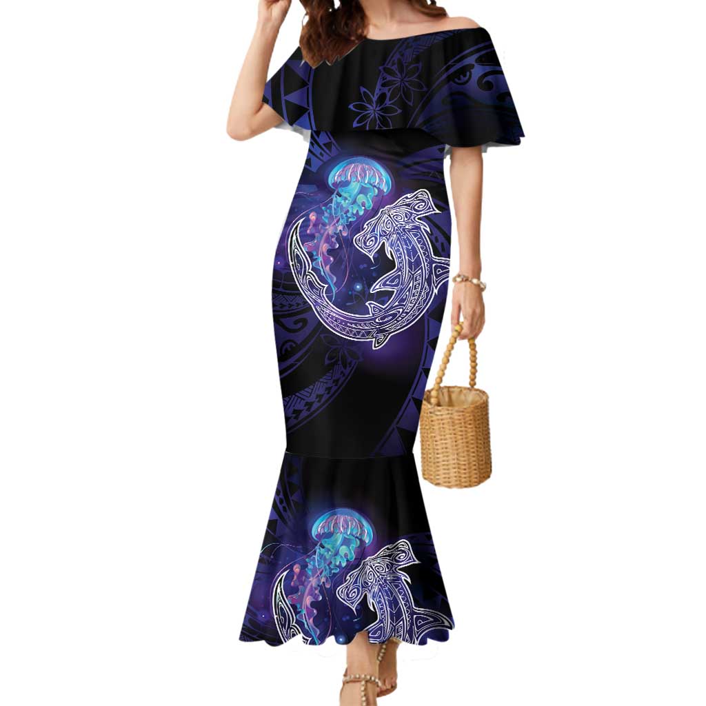 Polynesian Aumakua Mermaid Dress Jellyfish with Shark LT7 Women Teal Purple - Polynesian Pride