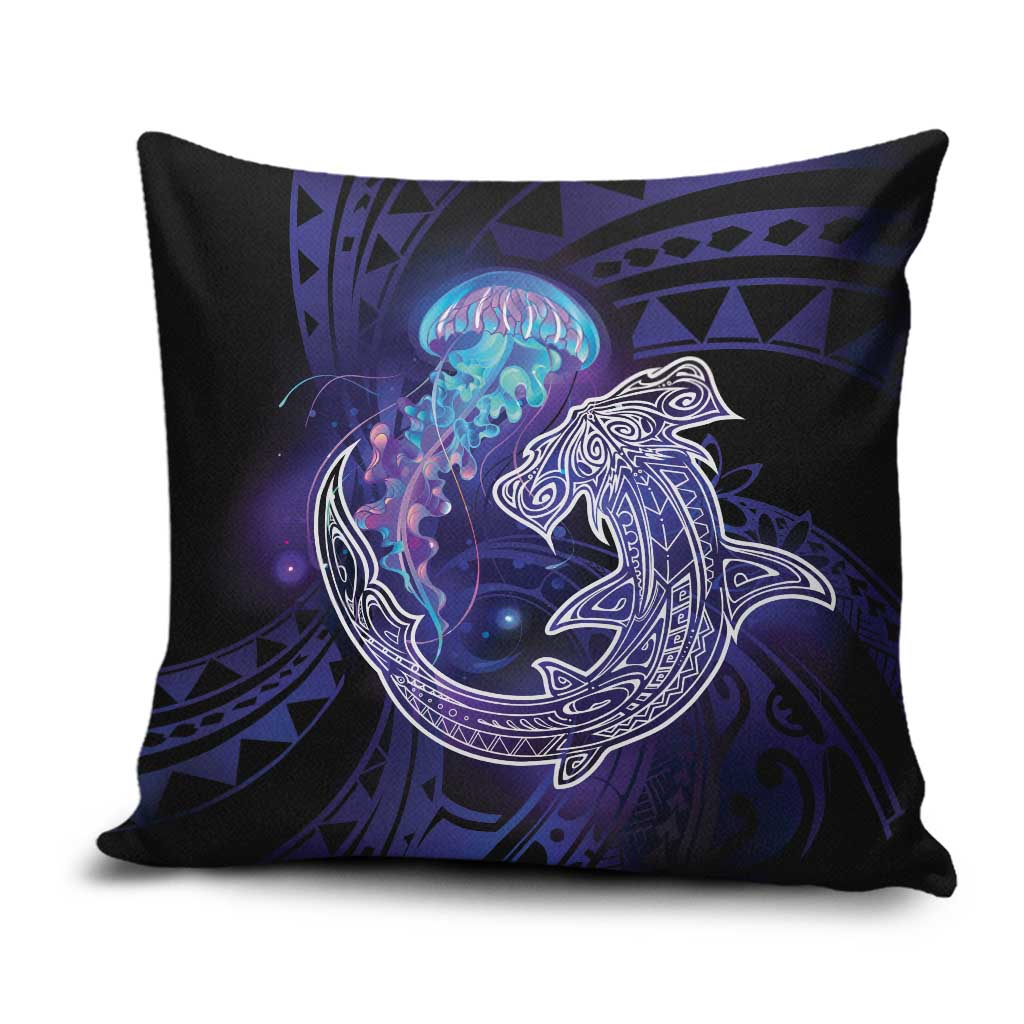 Polynesian Aumakua Pillow Cover Jellyfish with Shark LT7 Teal Purple - Polynesian Pride