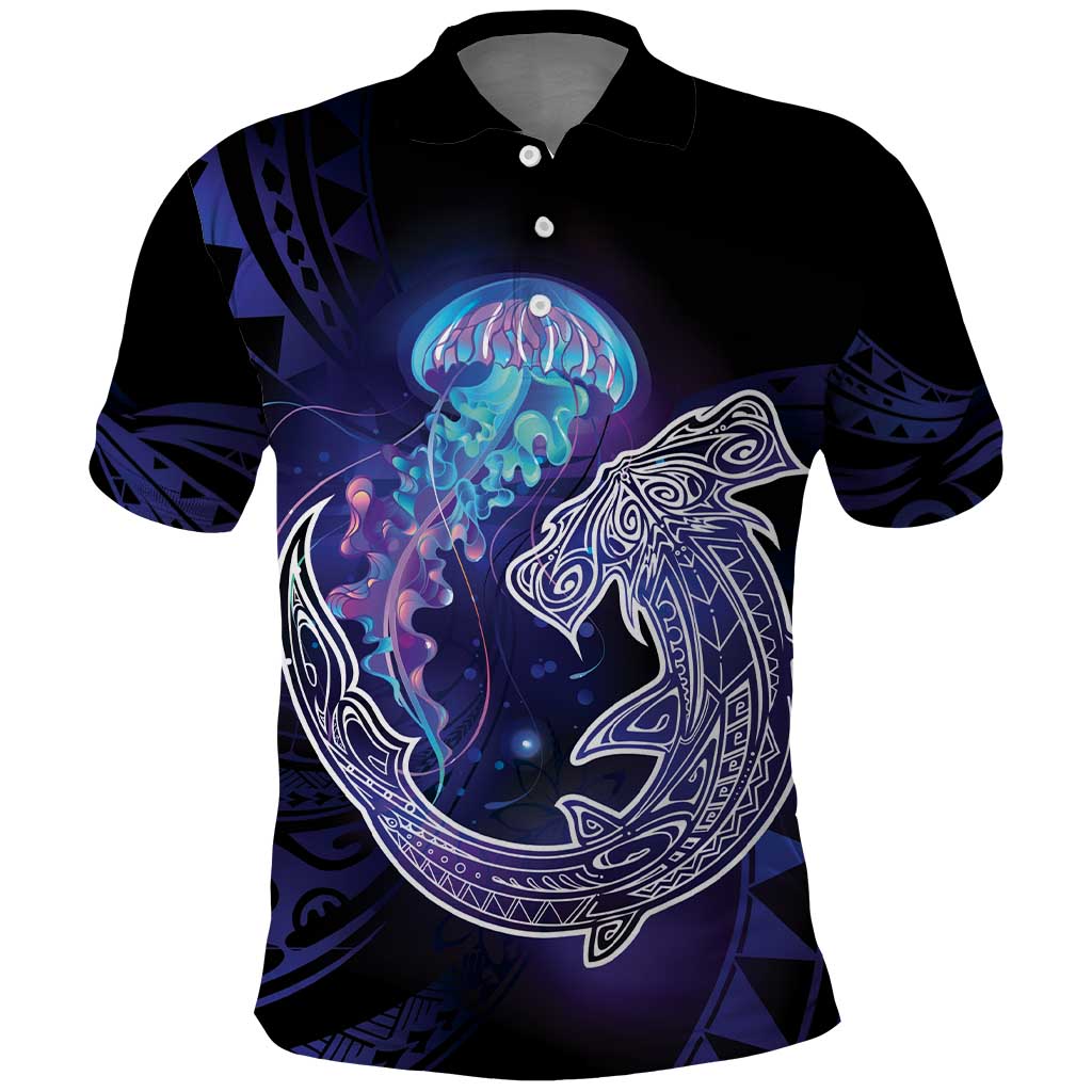 Polynesian Aumakua Polo Shirt Jellyfish with Shark - Polynesian Pride