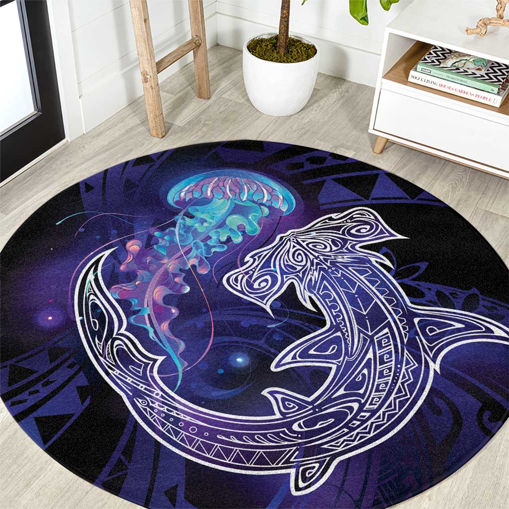 Polynesian Aumakua Round Carpet Jellyfish with Shark LT7 Teal Purple - Polynesian Pride