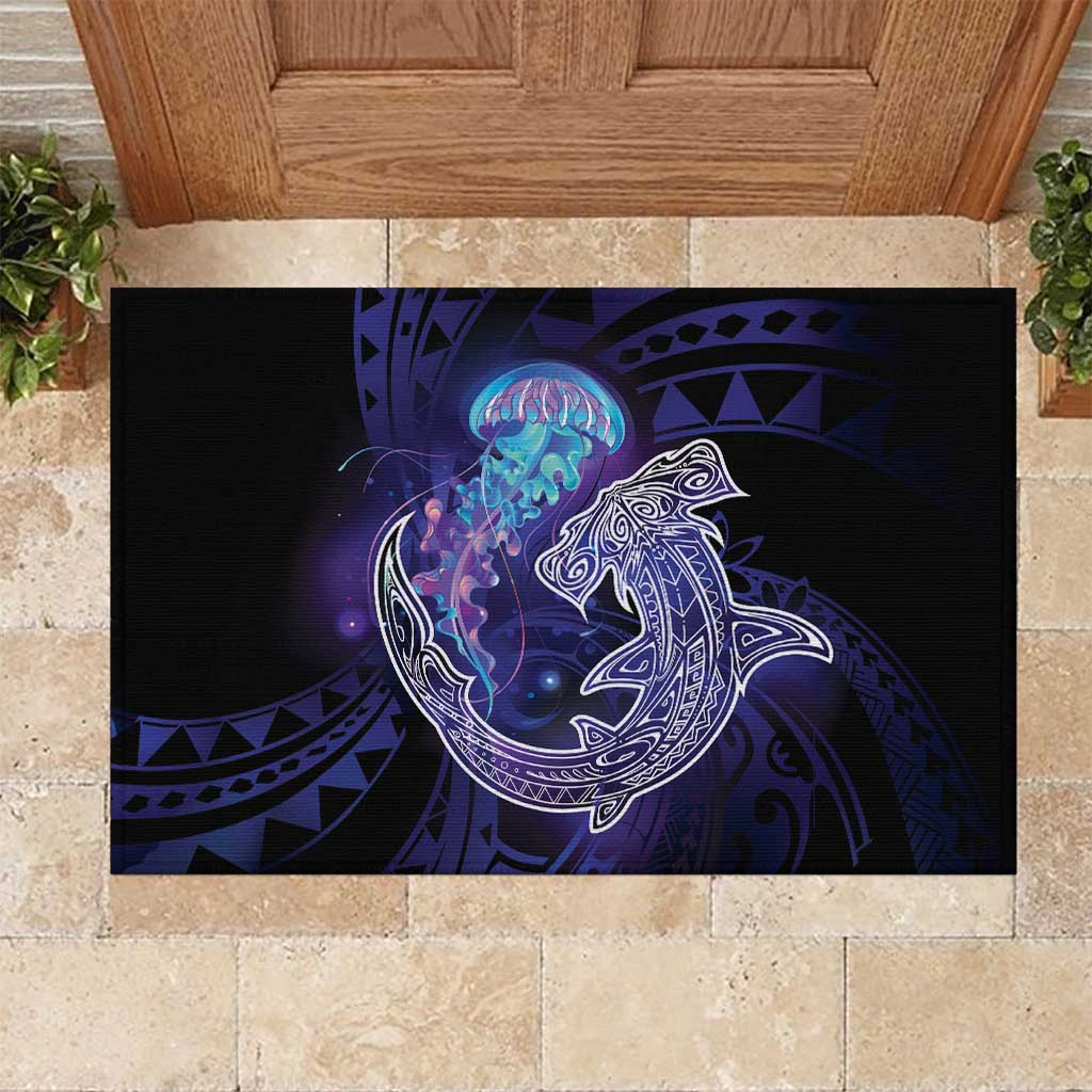Polynesian Aumakua Rubber Doormat Jellyfish with Shark LT7 Teal Purple - Polynesian Pride