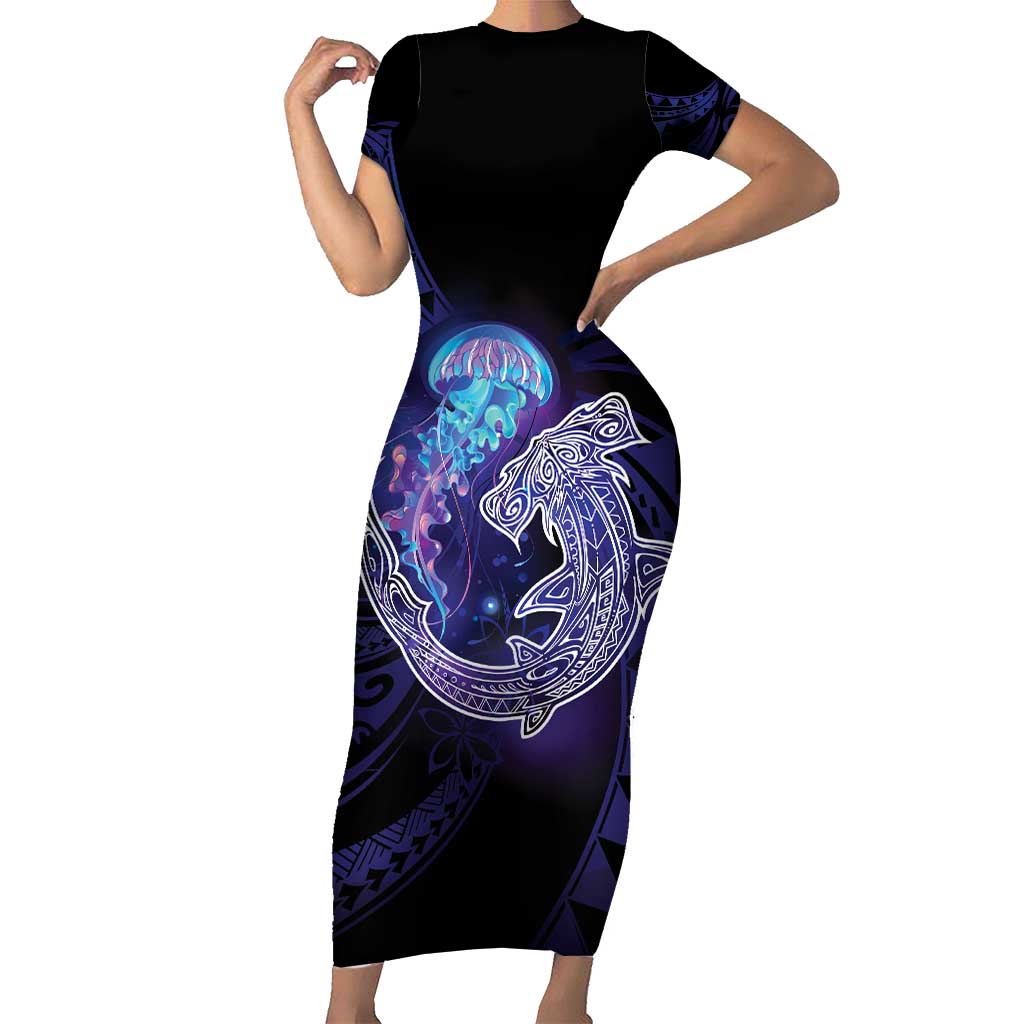 Polynesian Aumakua Short Sleeve Bodycon Dress Jellyfish with Shark LT7 Long Dress Teal Purple - Polynesian Pride
