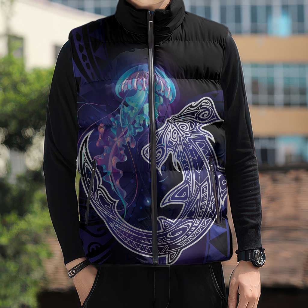 Polynesian Aumakua Sleeveless Puffer Jacket Jellyfish with Shark - Polynesian Pride