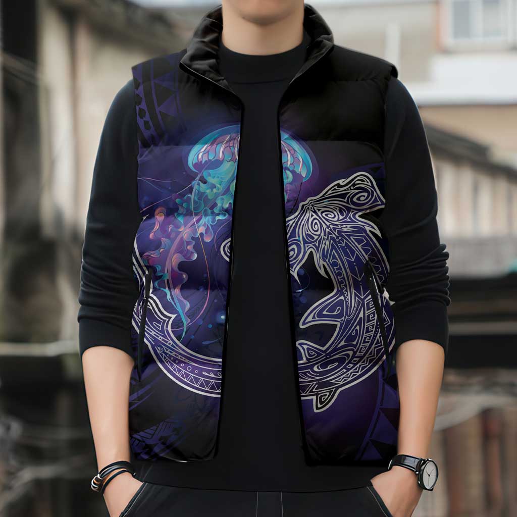 Polynesian Aumakua Sleeveless Puffer Jacket Jellyfish with Shark - Polynesian Pride